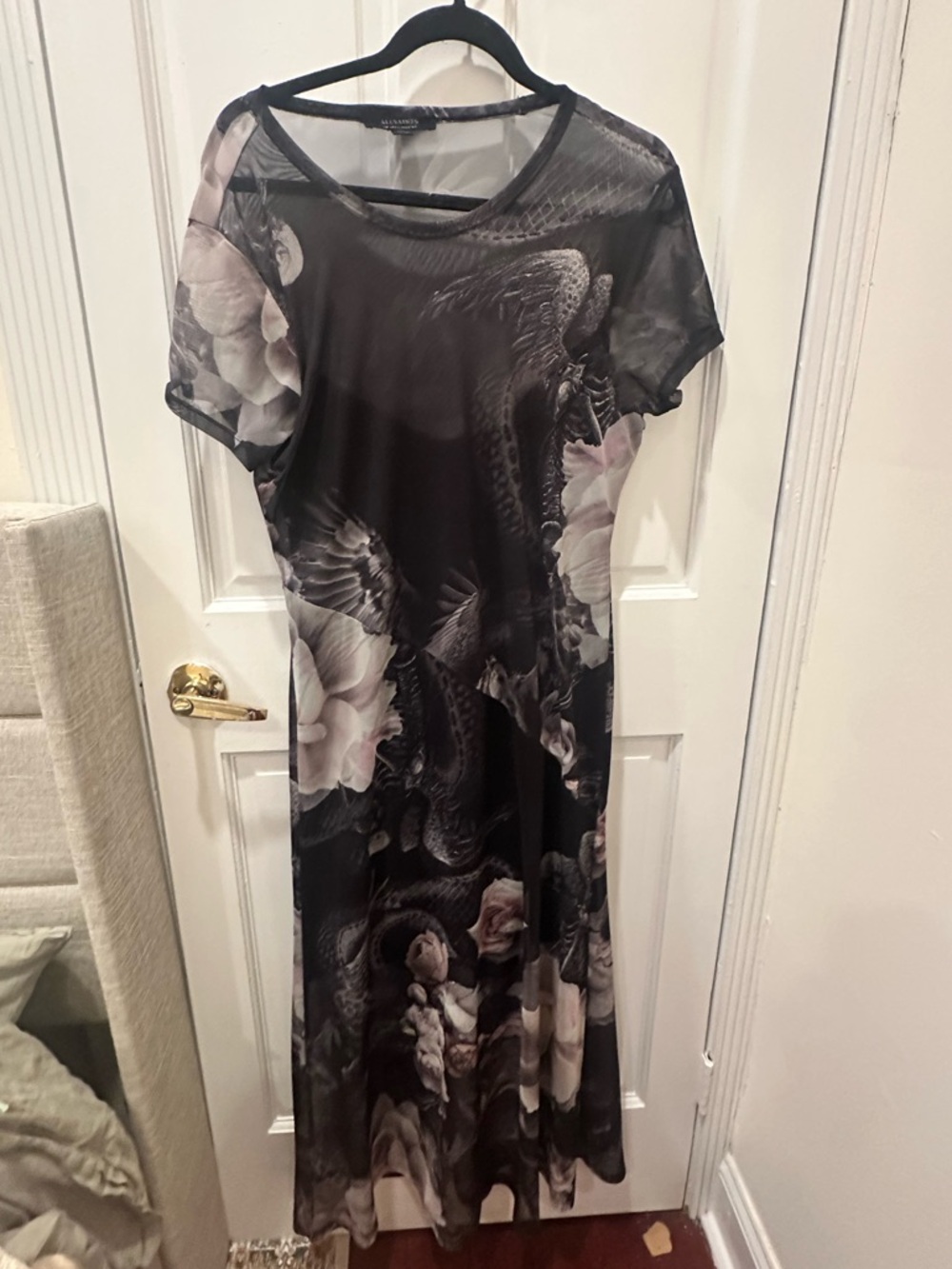 All Saints Black Floral Print Maxi Dress with Soft Pink Accents